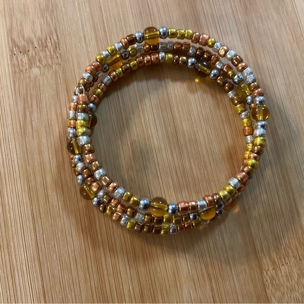 Hand Crafted Wrap Bracelet Amber Copper Gold Bronze Silver Seed Beads Coil - Picture 3 of 7